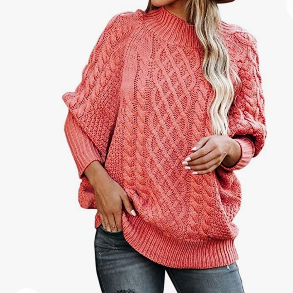 CableKnit Sweater with Batwing Sleeve. Size XL (Coral color)